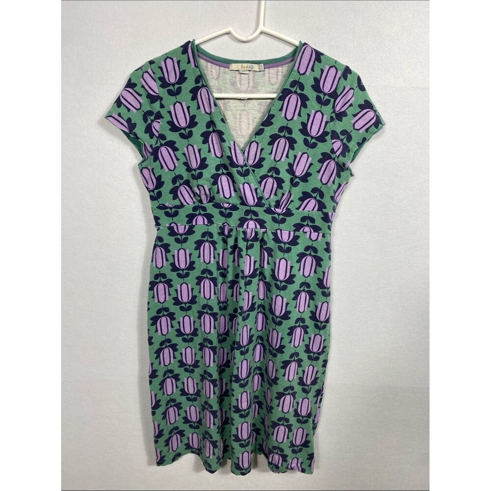 Boden Purple Tulip Floral Print V-Neck Dress in Green and Lavender size 8R